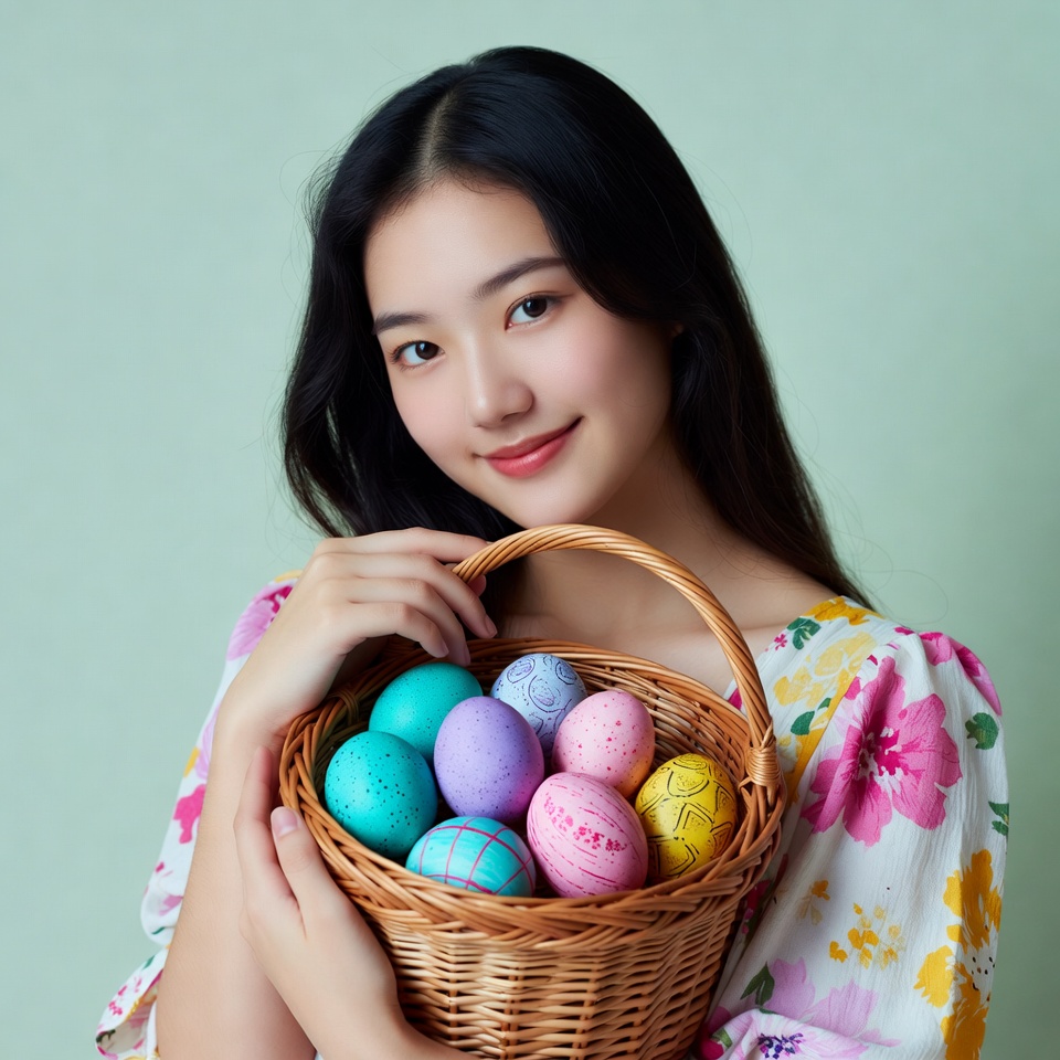 Asian girl holding colorful Easter eggs Asian girl holding colorful Easter eggs