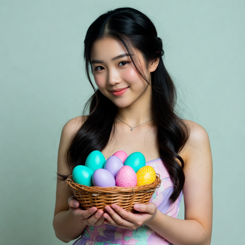 Asian woman holding Easter eggs Asian woman holding Easter eggs