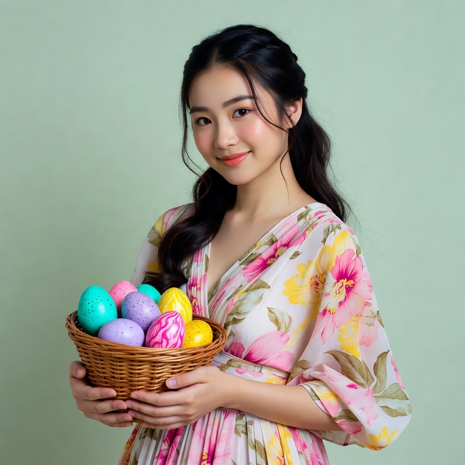 Asian woman holding Easter eggs Asian woman holding Easter eggs