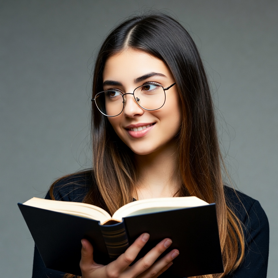 Young woman reading book in glasses Young woman reading book in glasses