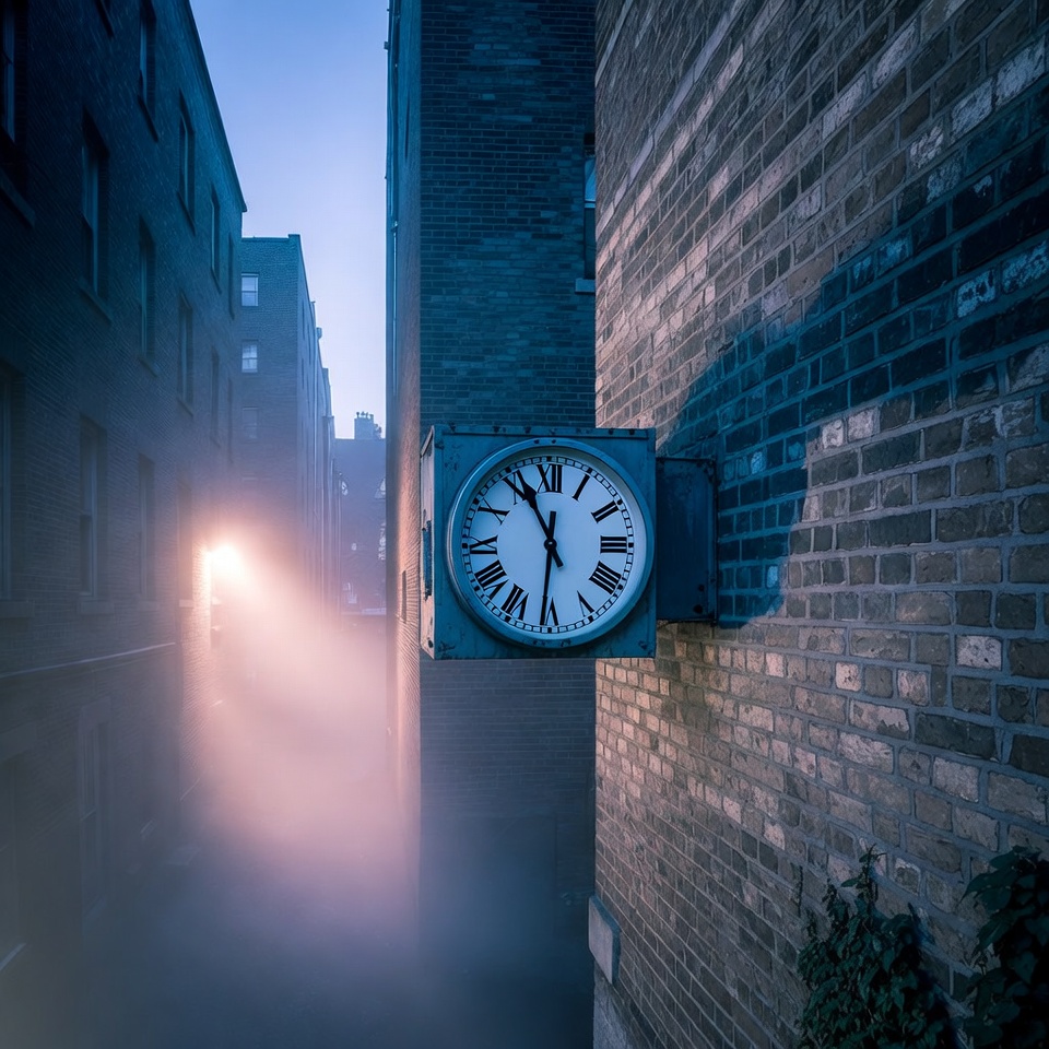 Clock on Brick Wall in Alley Clock on Brick Wall in Alley