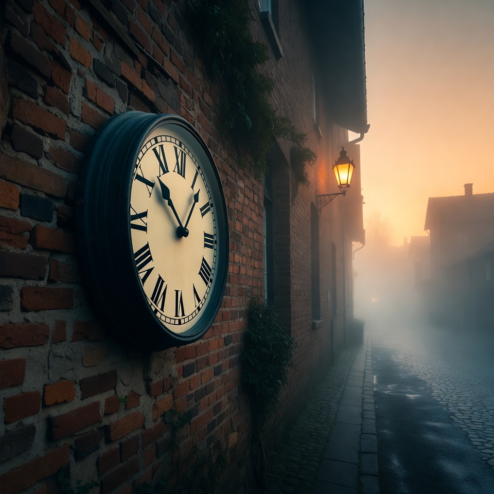 Vintage Clock on Foggy Brick Wall Vintage Clock on Foggy Brick Wall