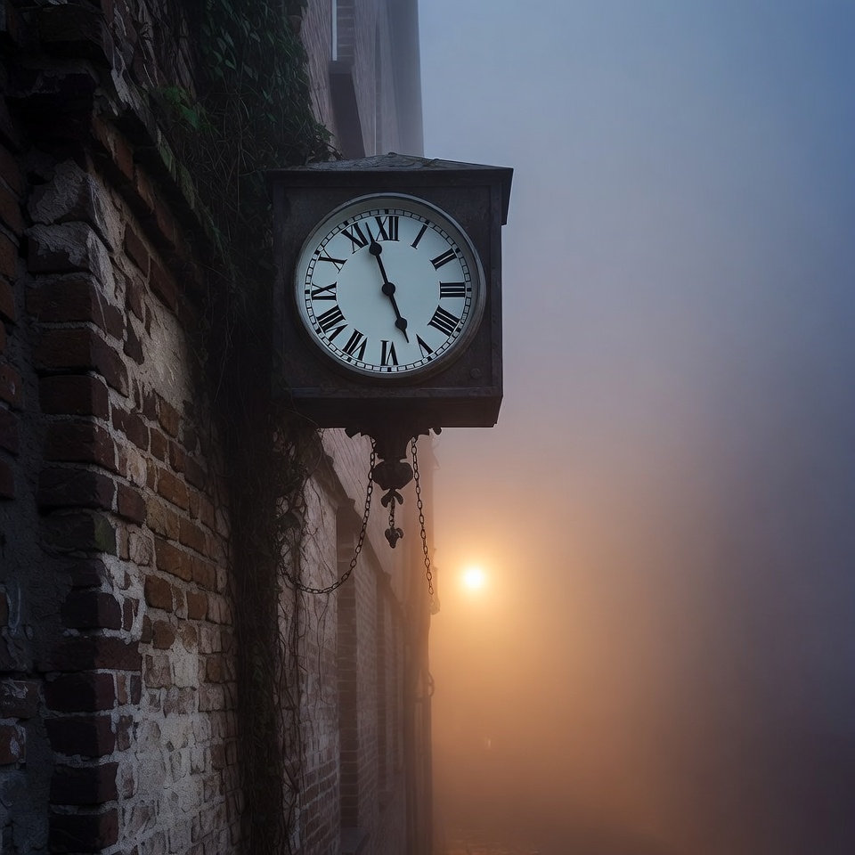 Old Clock on Foggy Brick Wall Old Clock on Foggy Brick Wall