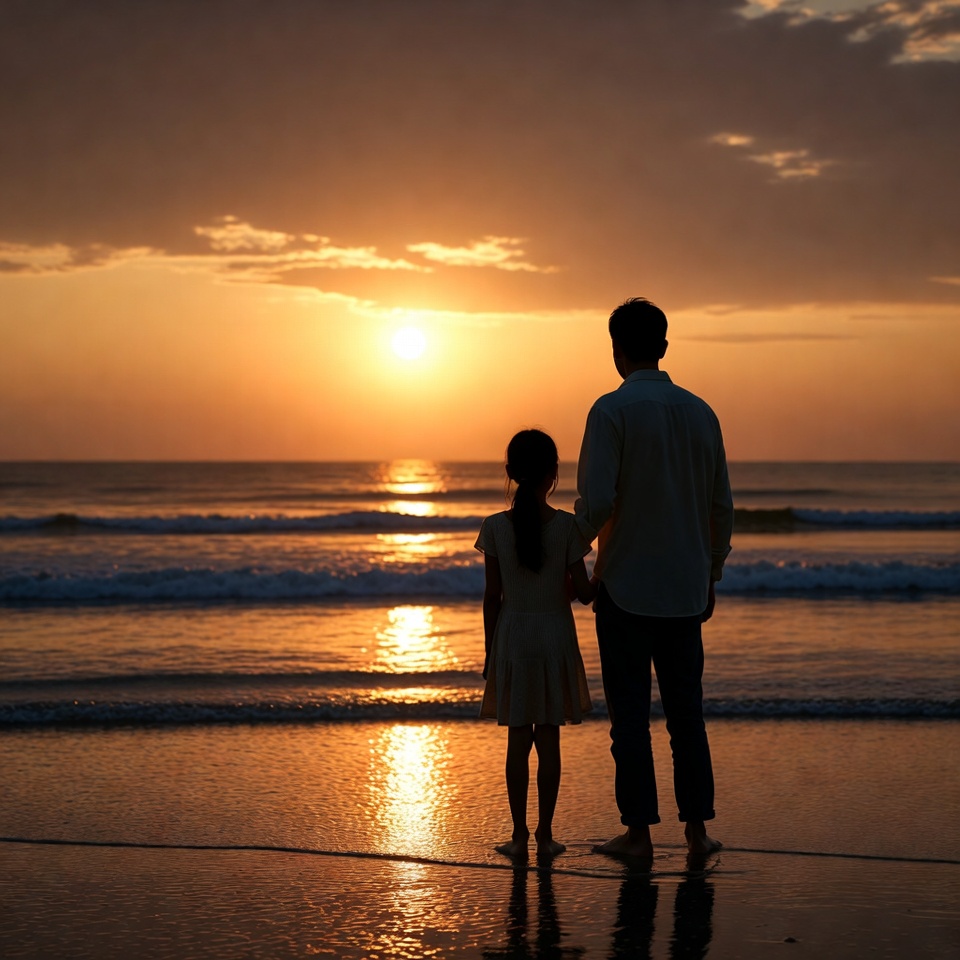 Father and daughter at sunset beach Father and daughter at sunset beach
