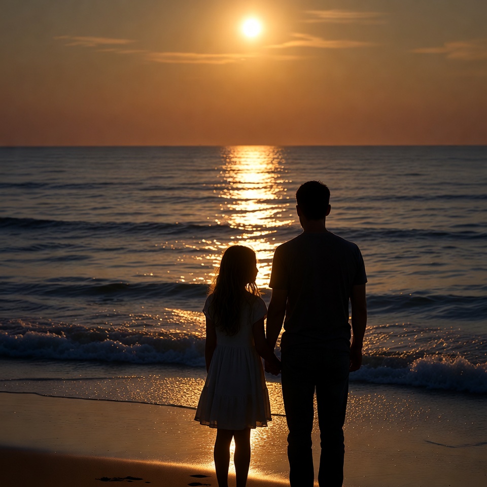 Father and daughter at sunset beach Father and daughter at sunset beach