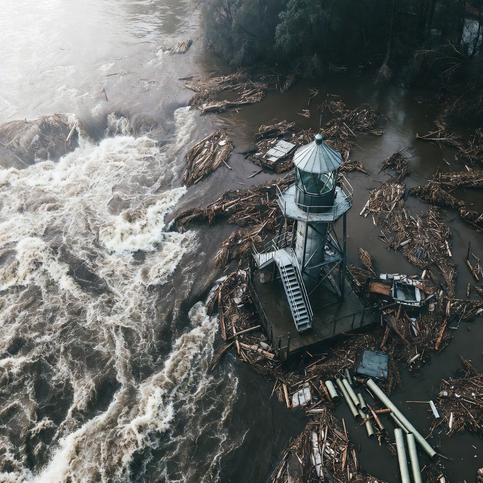 Lighthouse amid raging floodwaters Lighthouse amid raging floodwaters