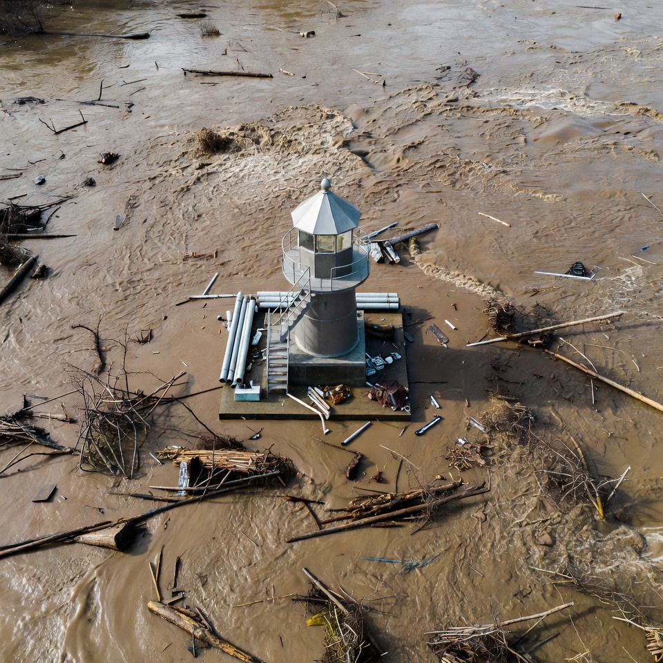 Lighthouse surrounded by flood debris Lighthouse surrounded by flood debris