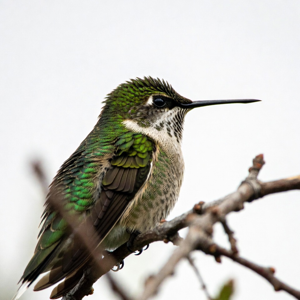 Green hummingbird perched on branch Green hummingbird perched on branch