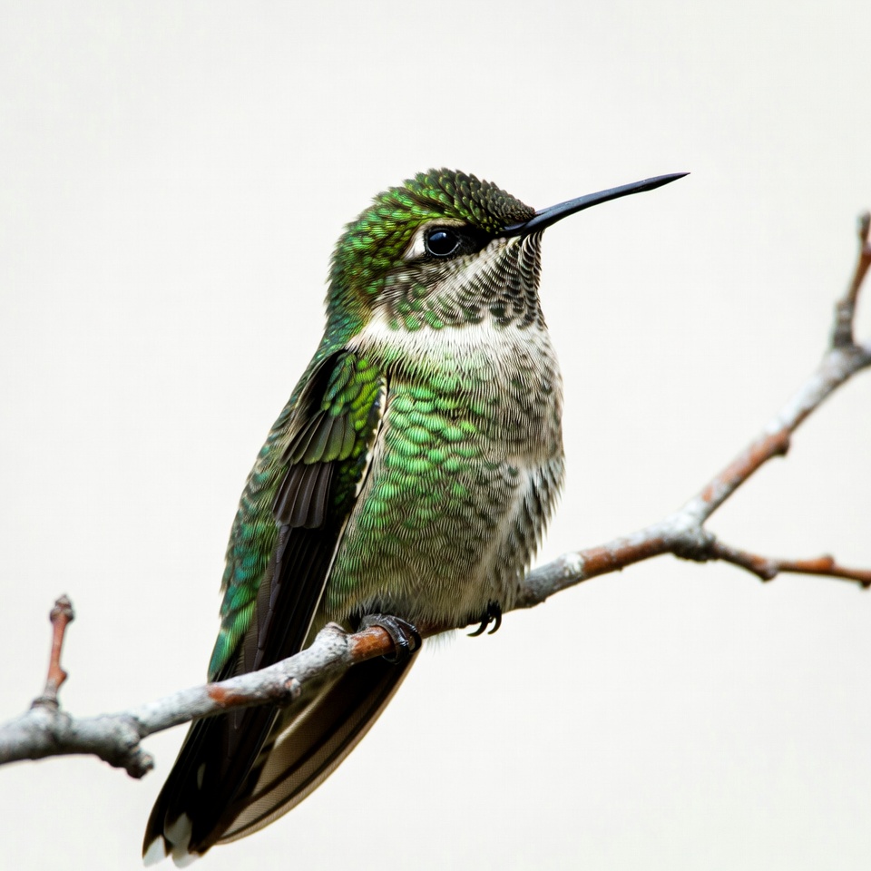 Green hummingbird perched on branch Green hummingbird perched on branch