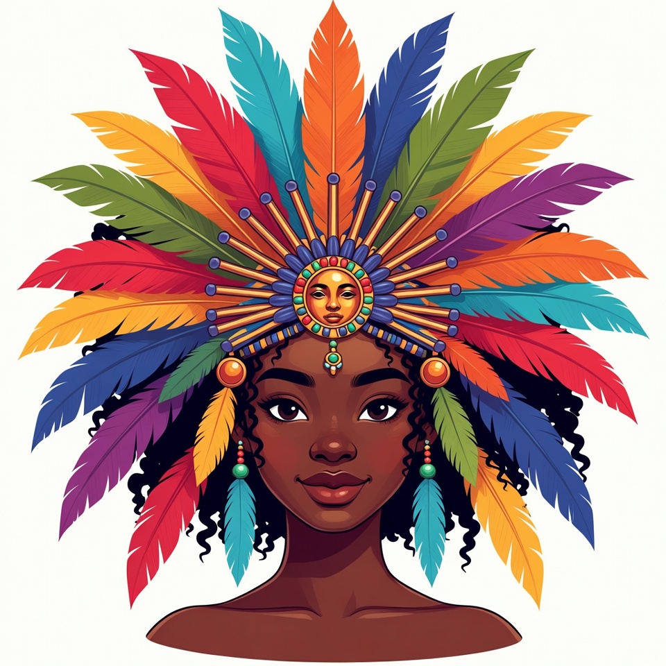 African woman in colorful feather headdress African woman in colorful feather headdress