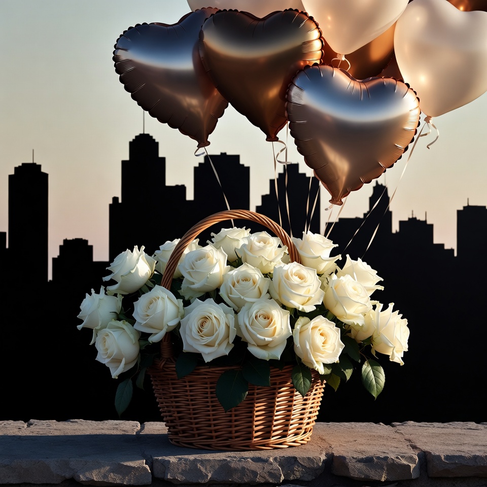 White Roses Basket with Heart Balloons White Roses Basket with Heart Balloons