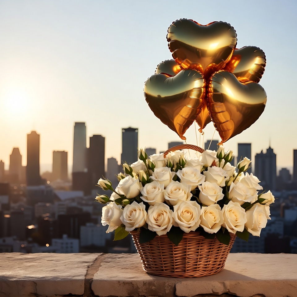 White Roses Basket with Gold Heart Balloons White Roses Basket with Gold Heart Balloons