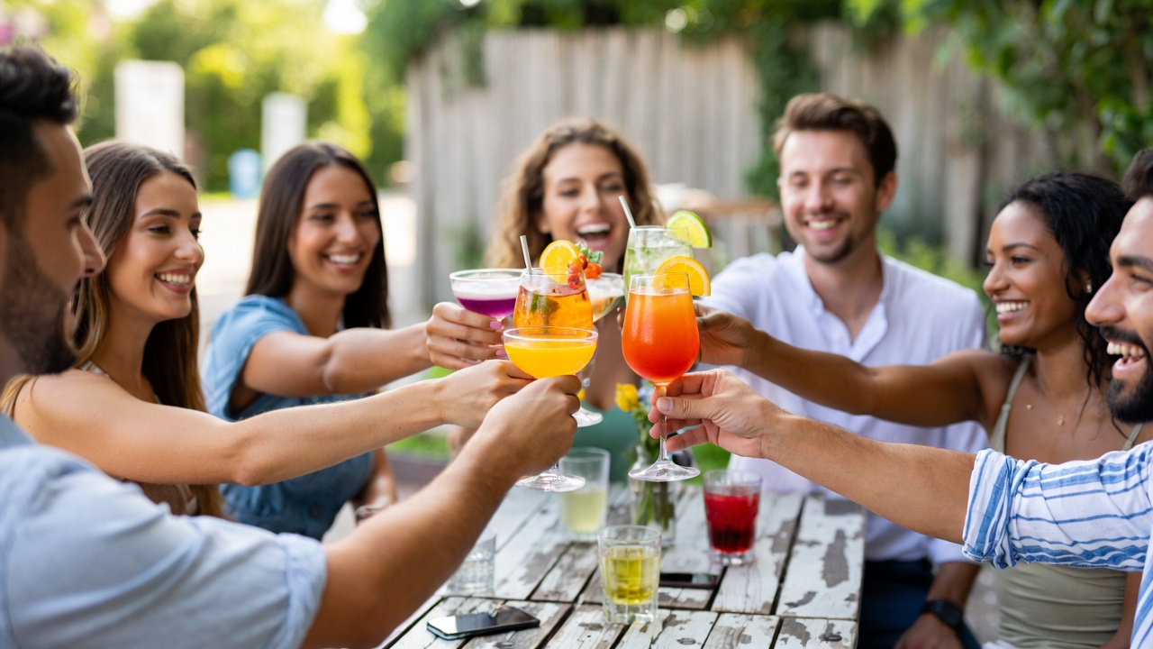 Diverse group toasting cocktails outdoors Diverse group toasting cocktails outdoors