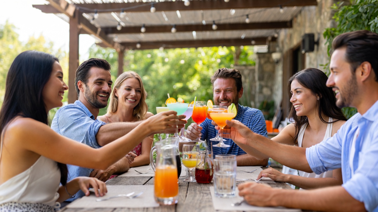 Group toasting cocktails at outdoor table Group toasting cocktails at outdoor table
