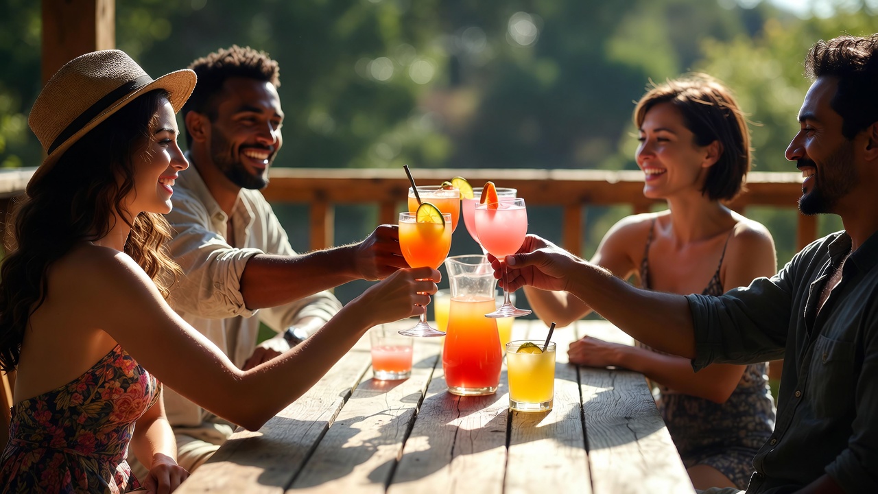 Friends toasting colorful cocktails outdoors Friends toasting colorful cocktails outdoors