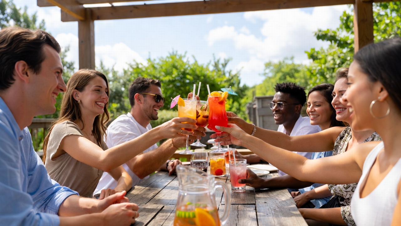 Diverse group toasting drinks outdoors Diverse group toasting drinks outdoors
