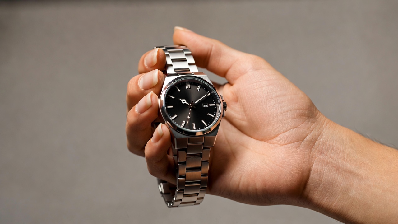 Man's hand holding black stainless steel watch Man's hand holding black stainless steel watch