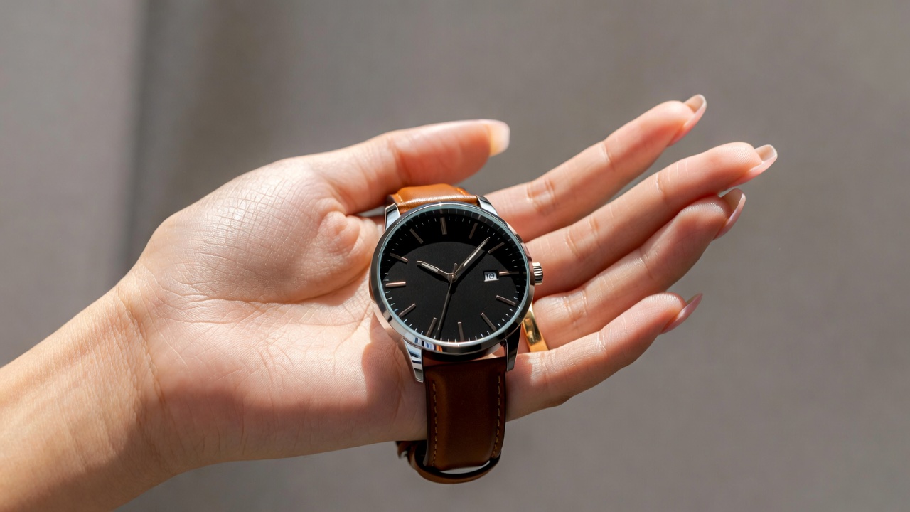Woman holding black leather watch Woman holding black leather watch