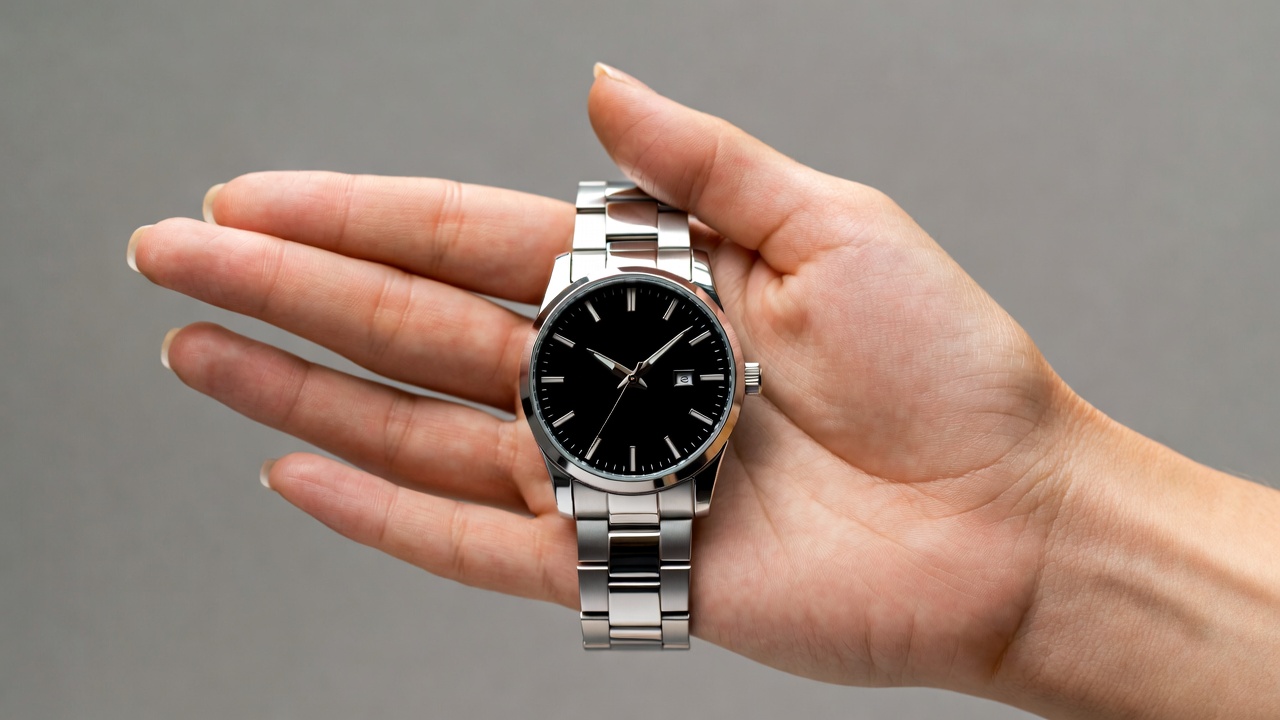 Woman's hand holding silver watch Woman's hand holding silver watch