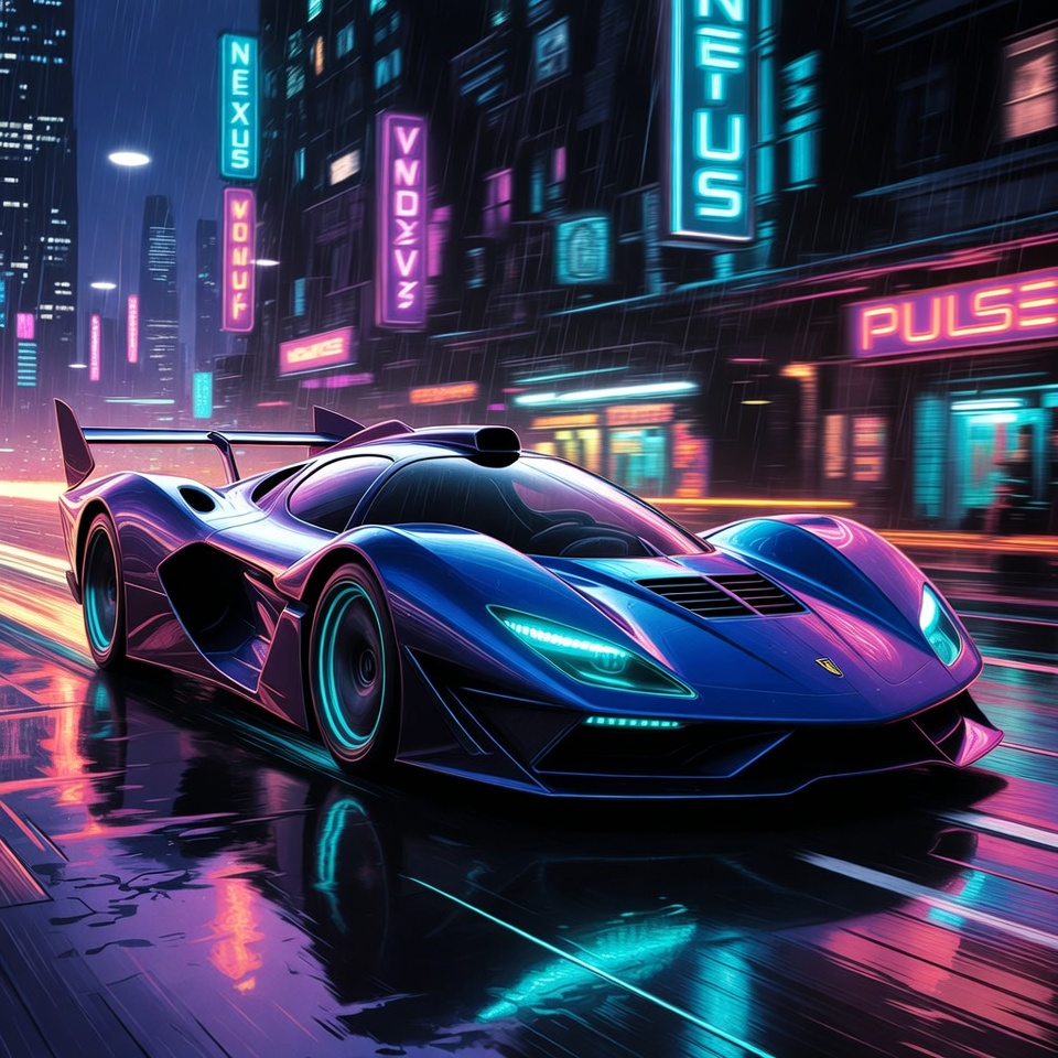 Blue Supercar in Neon Cyberpunk City Blue Supercar in Neon Cyberpunk City