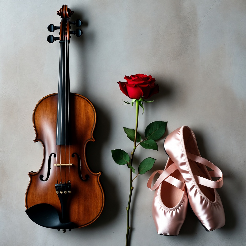 Violin with Red Rose and Pink Ballet Slippers Violin with Red Rose and Pink Ballet Slippers