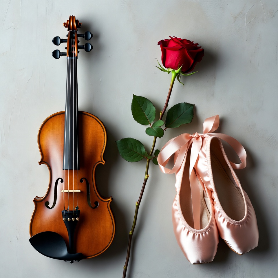 Violin with Red Rose and Pink Ballet Slippers Violin with Red Rose and Pink Ballet Slippers