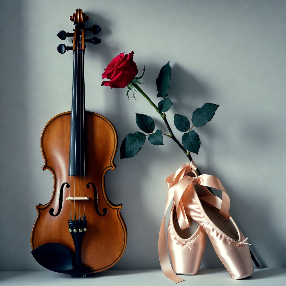 Violin with Red Rose and Ballet Slippers Violin with Red Rose and Ballet Slippers