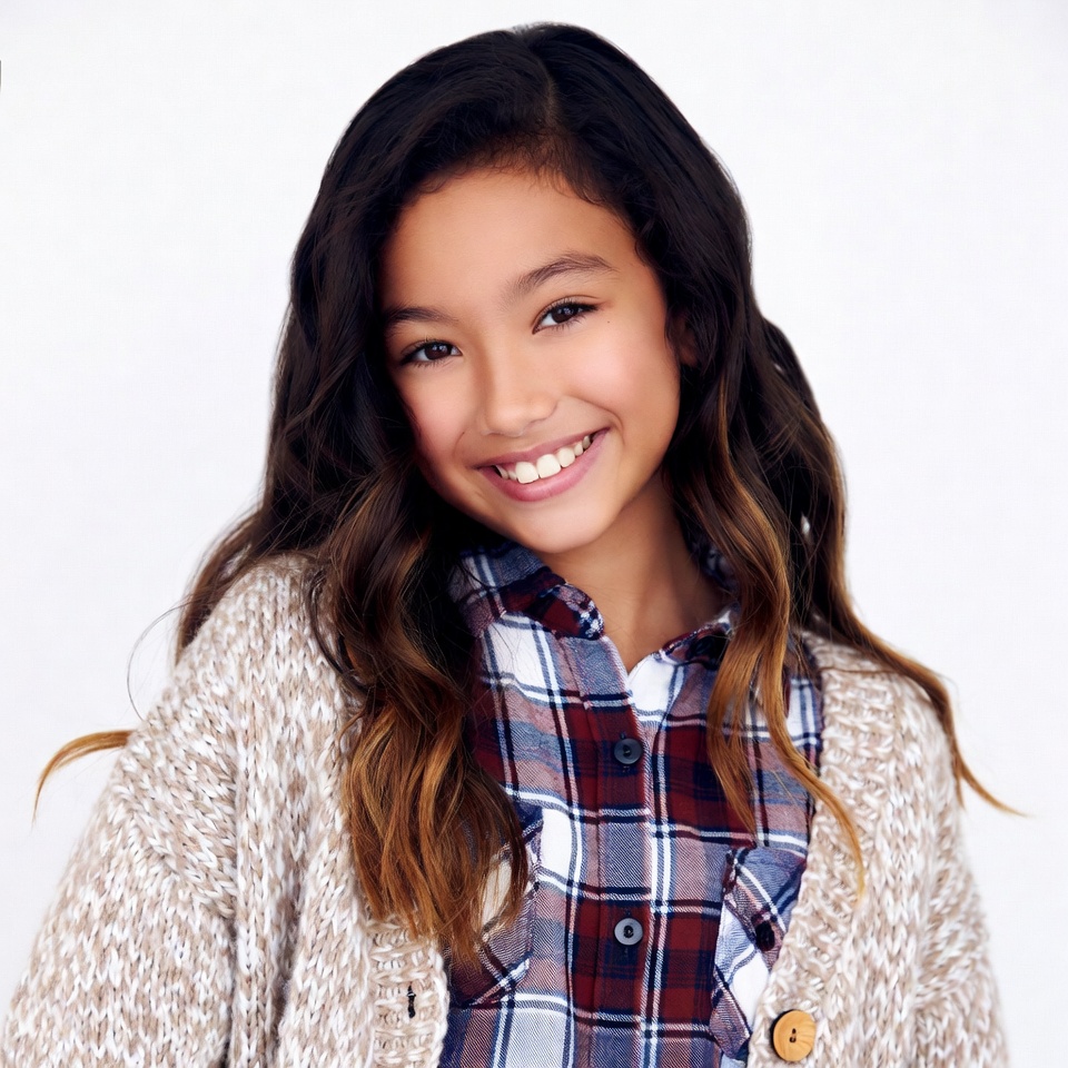 Smiling Asian girl in plaid shirt Smiling Asian girl in plaid shirt