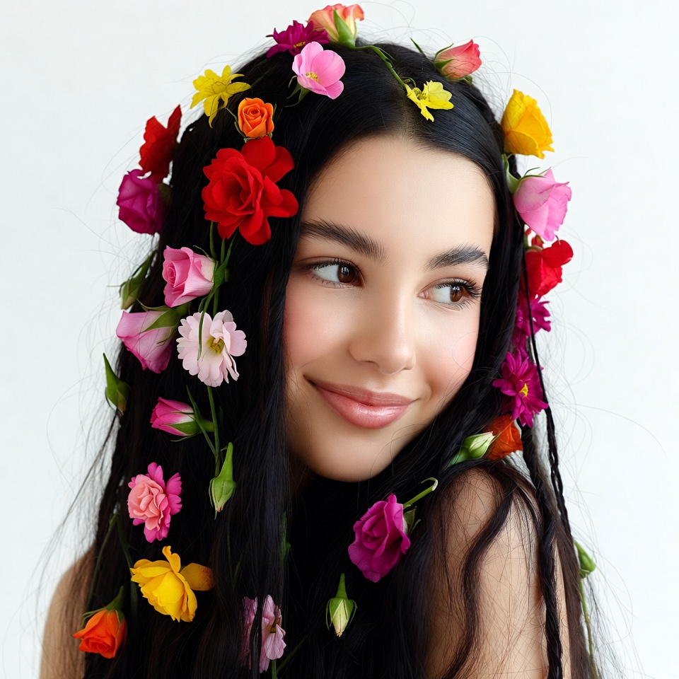 Woman with colorful flowers in black hair Woman with colorful flowers in black hair