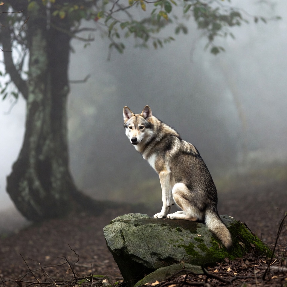 Wolf sitting on rock in foggy forest Wolf sitting on rock in foggy forest