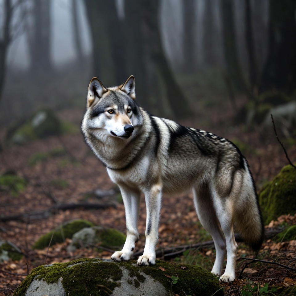 Gray wolf standing in misty forest Gray wolf standing in misty forest