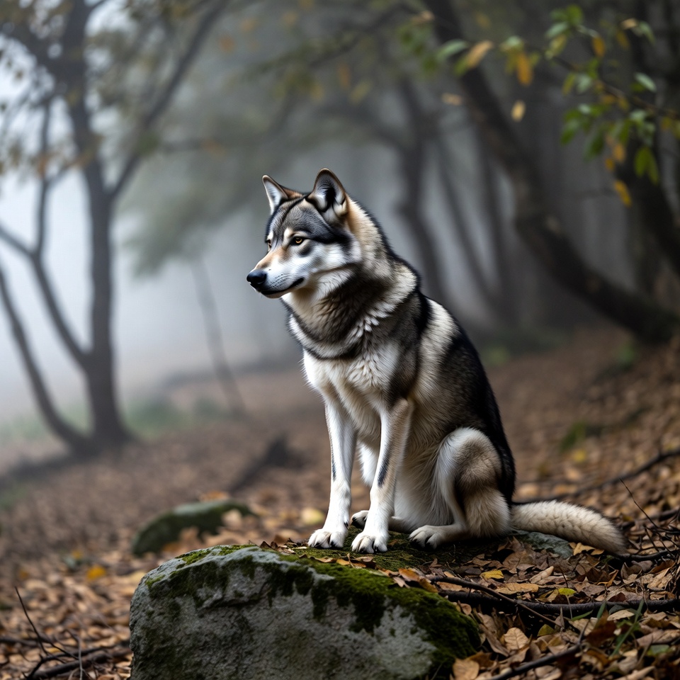 Siberian Husky sitting on rock in foggy forest Siberian Husky sitting on rock in foggy forest