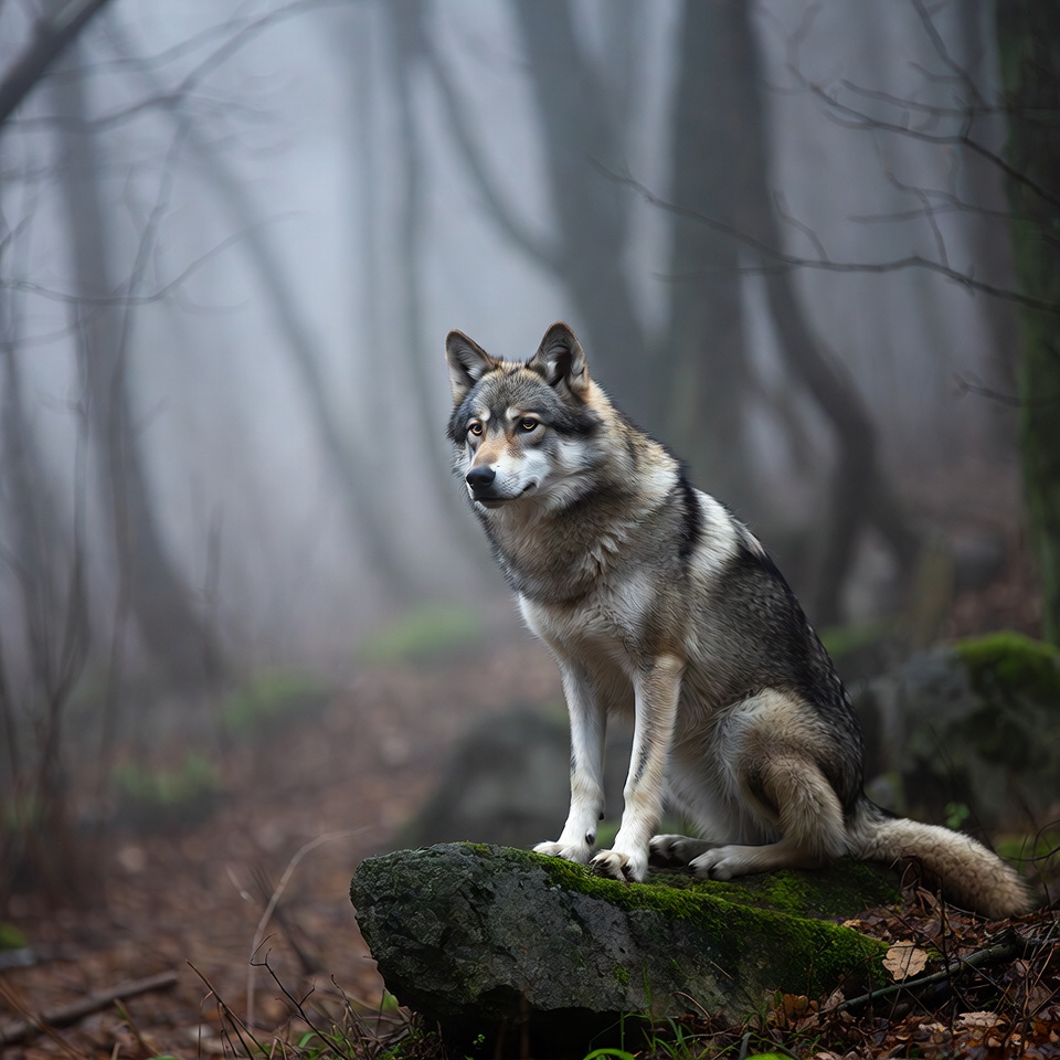 Gray wolf sitting on rock in foggy forest Gray wolf sitting on rock in foggy forest