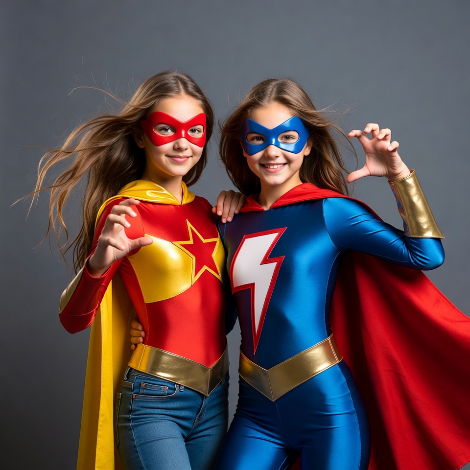 Two girls in superhero costumes Two girls in superhero costumes
