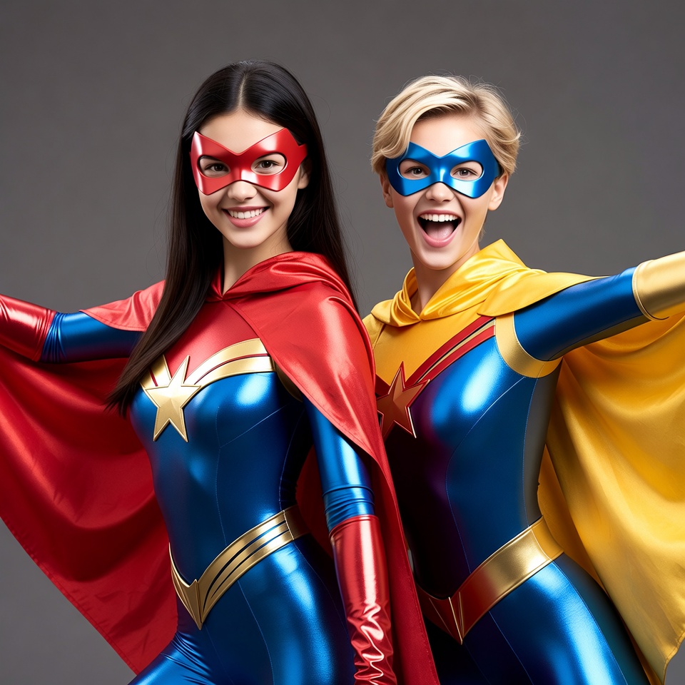 Two women in superhero costumes Two women in superhero costumes