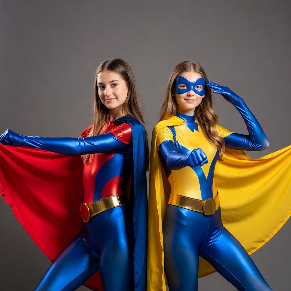 Two girls in Batgirl costumes posing Two girls in Batgirl costumes posing
