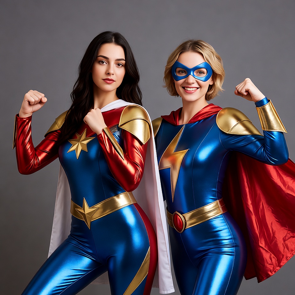 Two women in superhero costumes posing Two women in superhero costumes posing