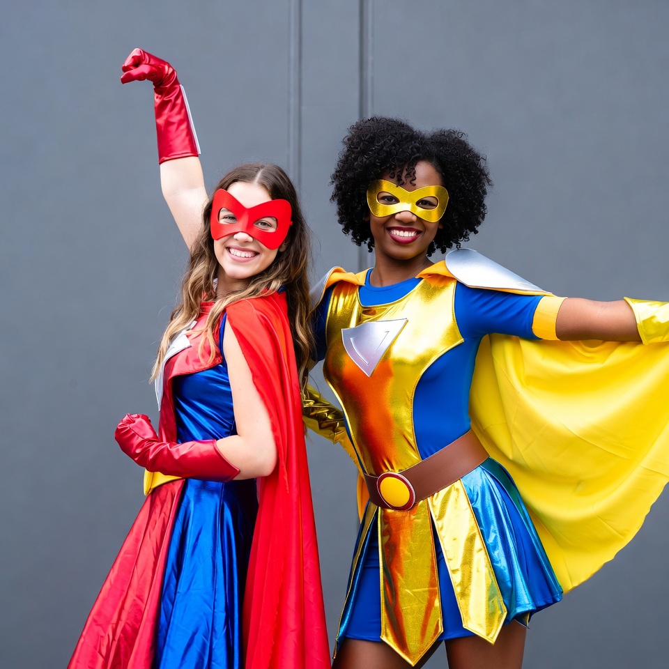 Two women in superhero costumes posing Two women in superhero costumes posing