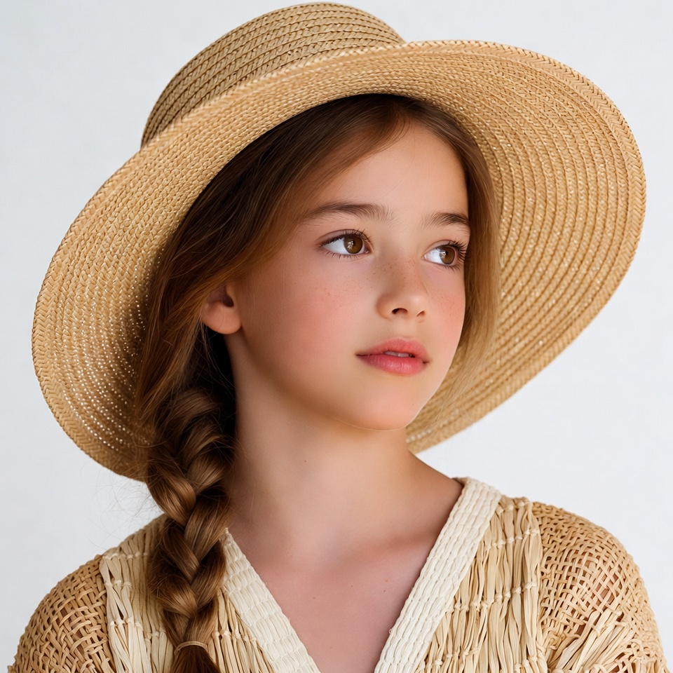 Girl wearing straw hat braid Girl wearing straw hat braid
