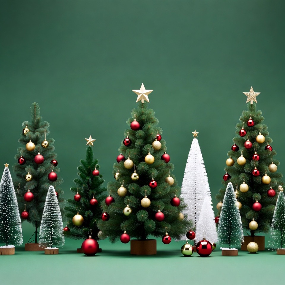 Assorted Christmas Trees on Green Background Assorted Christmas Trees on Green Background