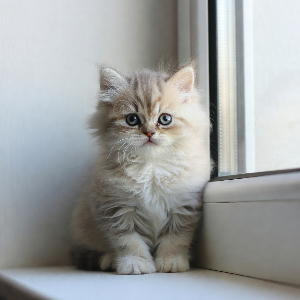 Fluffy British Shorthair kitten on windowsill Fluffy British Shorthair kitten on windowsill