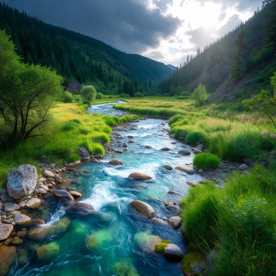 Mountain River Flowing Through Forest Valley Mountain River Flowing Through Forest Valley