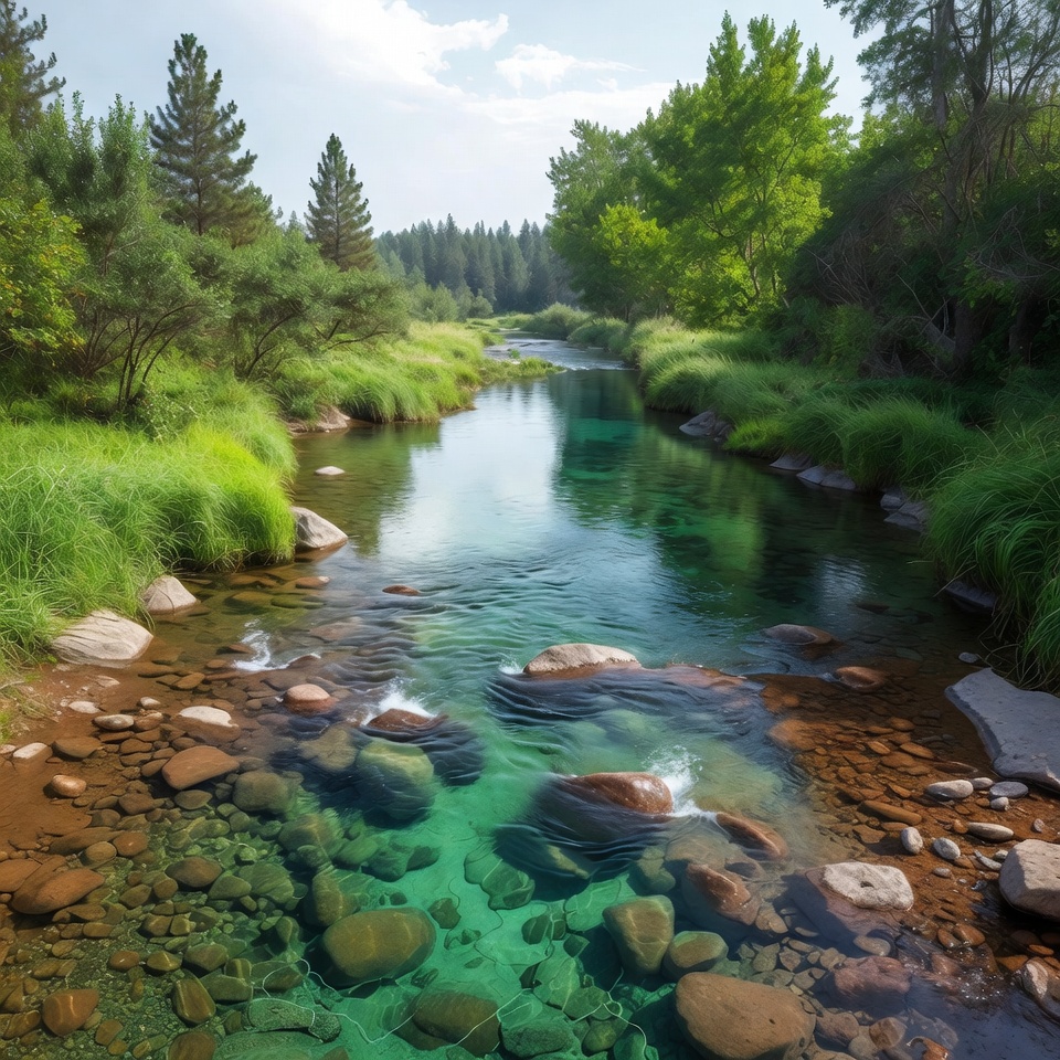 Crystal Clear Forest River with Rocks Crystal Clear Forest River with Rocks