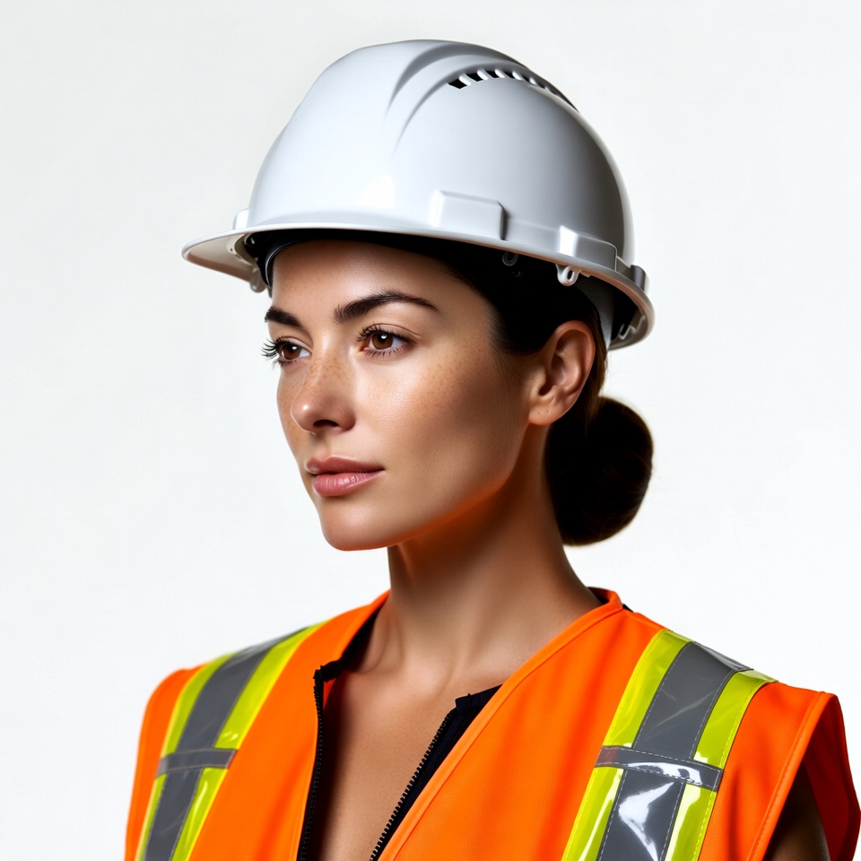 Woman wearing hard hat and safety vest Woman wearing hard hat and safety vest