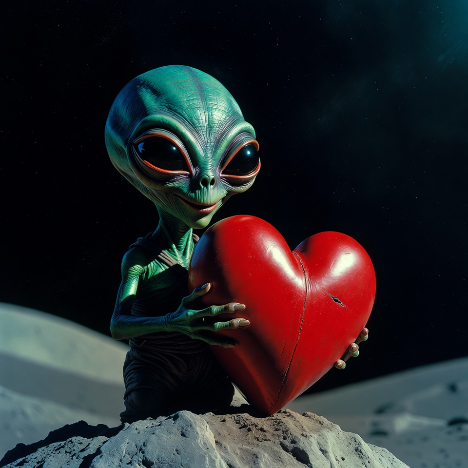 Cute alien holding red heart Cute alien holding red heart