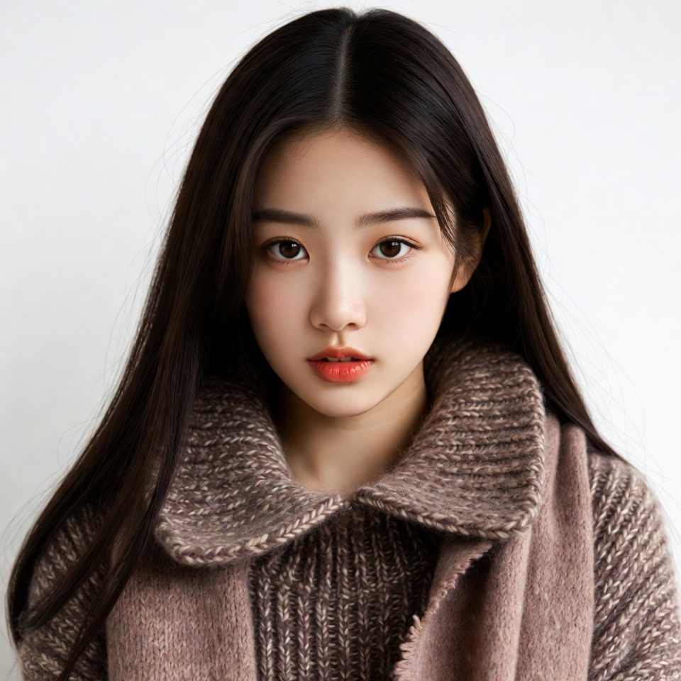 Asian woman in brown knit sweater Asian woman in brown knit sweater