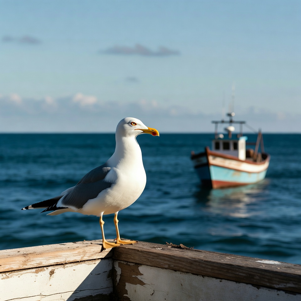 Seagull on pier with fishing boat Seagull on pier with fishing boat