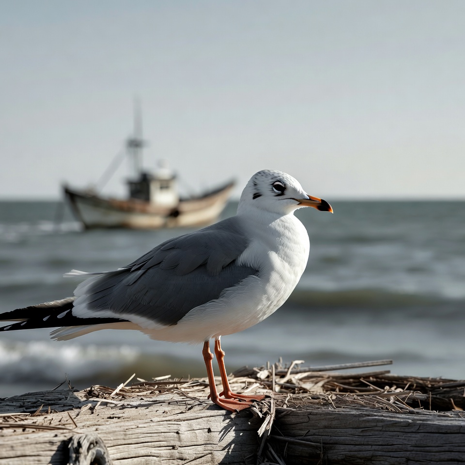 Seagull on driftwood with fishing boat Seagull on driftwood with fishing boat