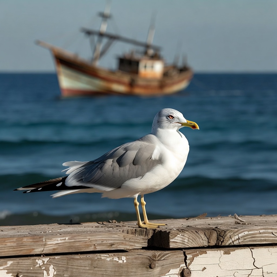 Seagull on pier with fishing boat Seagull on pier with fishing boat