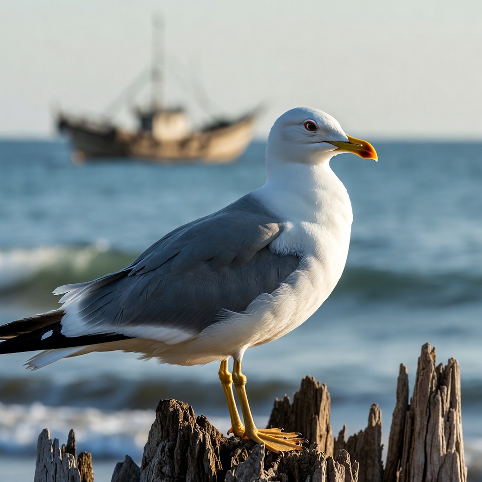 Seagull on driftwood with boat background Seagull on driftwood with boat background